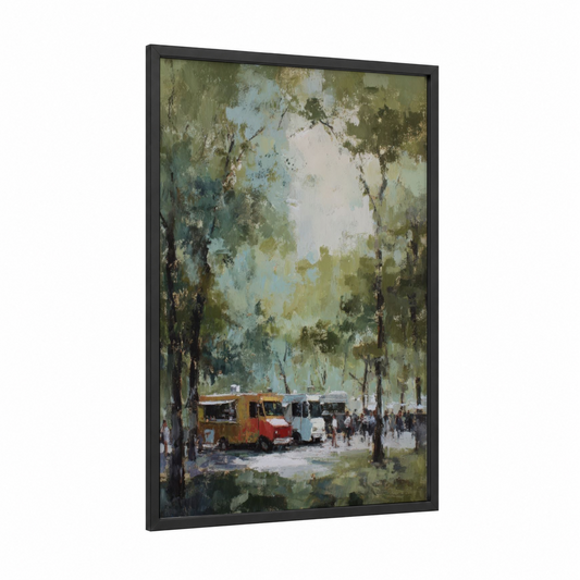 Sunny Marketplace Trucks framed art print — black wood frame — sage green and blue and white palette