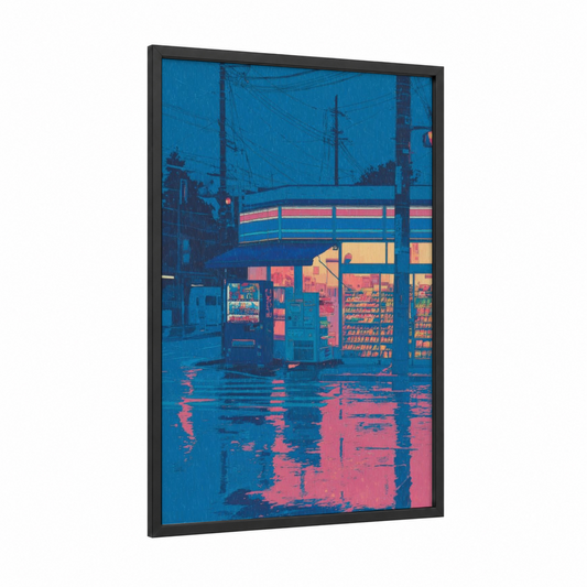 Neon Corner Store framed art print — black wood frame — blue and magenta palette