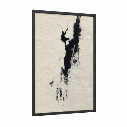 Solitary Climber framed ice climbing print — black wood frame — black and cream palette
