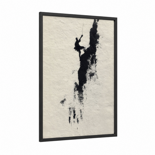 Solitary Climber framed ice climbing print — black wood frame — black and cream palette