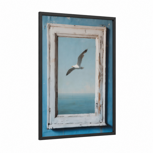 Coastal Seagull framed art print — black wood frame — blue and white and aquamarine palette
