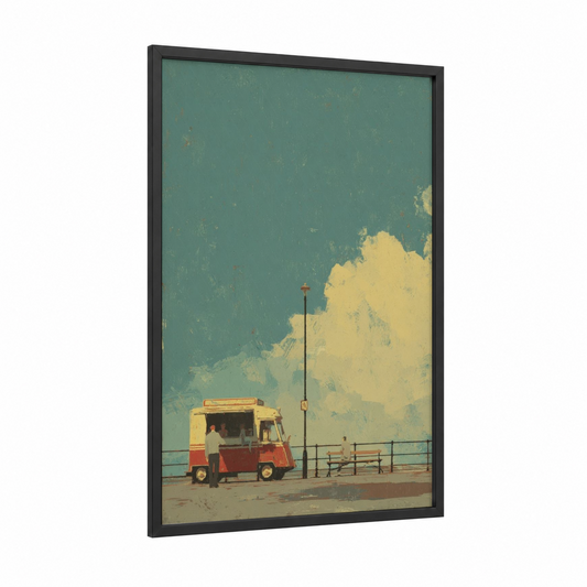 Seaside Food Truck framed van print — black wood frame — teal and yellow palette