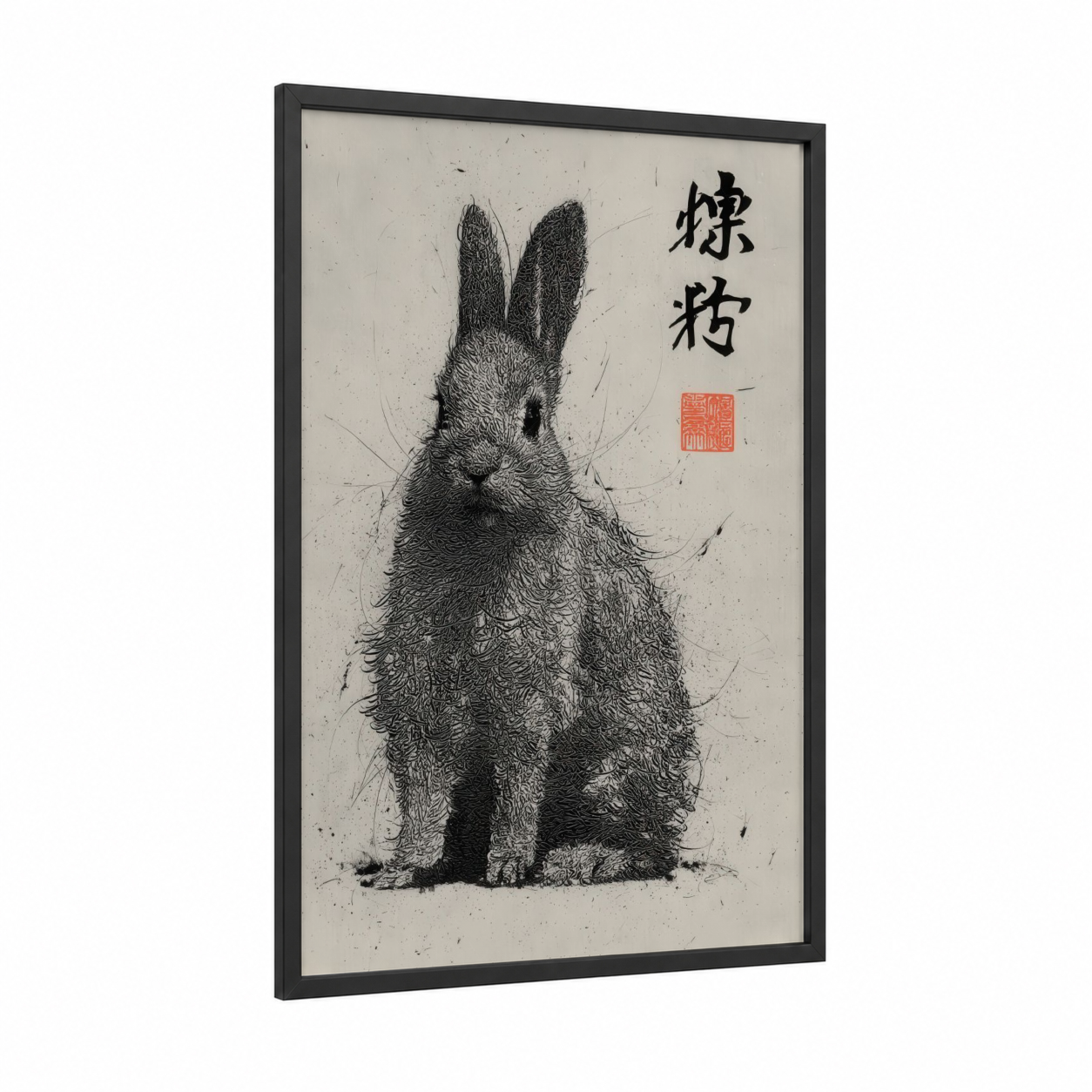 Contemplative Rabbit framed art print — black wood frame — black and white and cream palette
