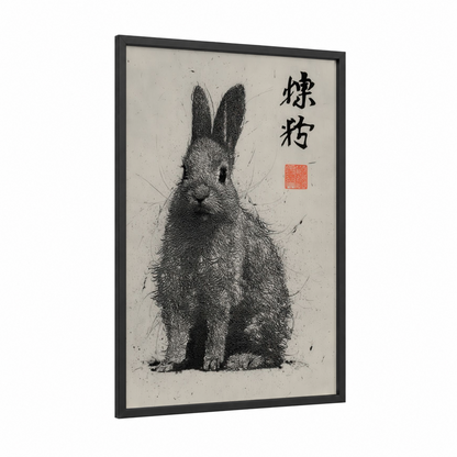 Contemplative Rabbit framed art print — black wood frame — black and white and cream palette