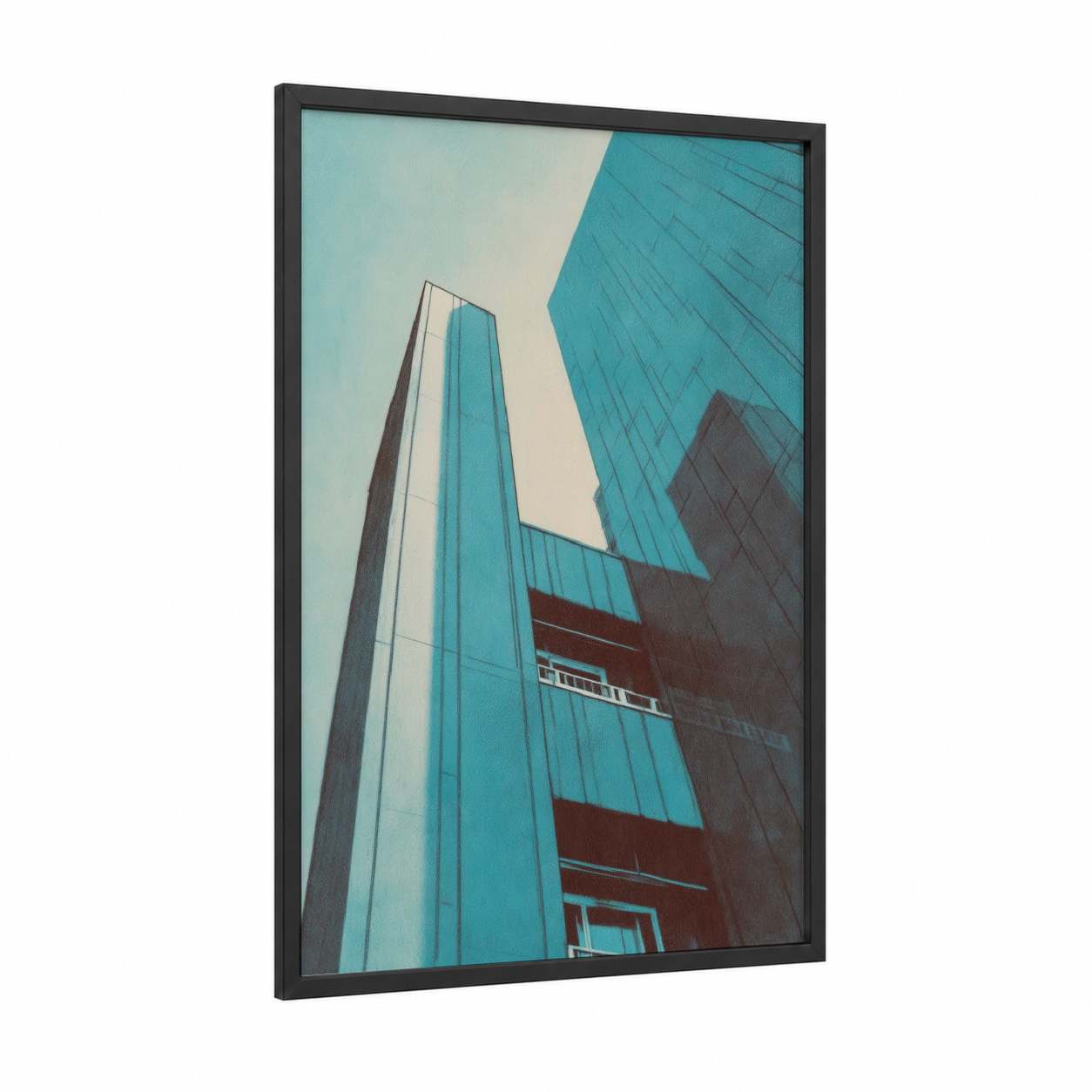 Turquoise Skyrise framed abstract architecture print — black wood frame — turquoise and dove gray palette