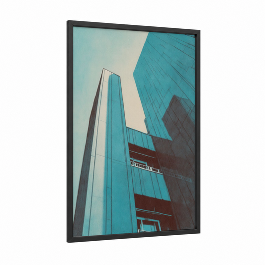 Turquoise Skyrise framed abstract architecture print — black wood frame — turquoise and dove gray palette