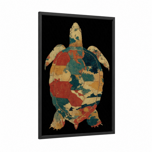 Vintage Map Turtle framed art print — black wood frame — gold and teal palette