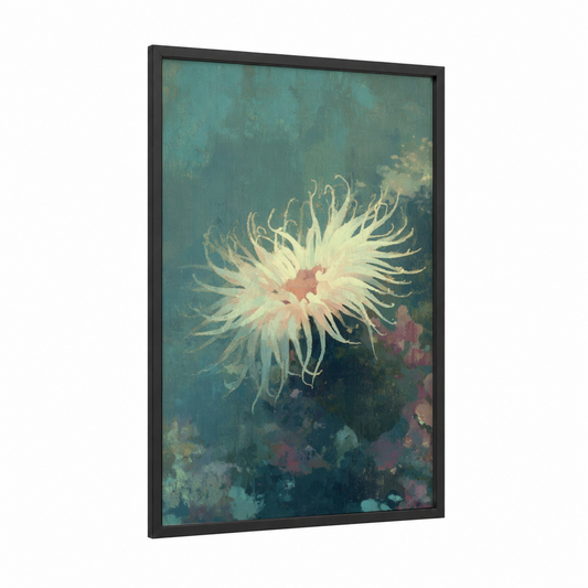 Ethereal Anemone framed sea anemone print — black wood frame — teal and cream palette