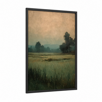 Misty Grain Field framed art print — black wood frame — beige and sage green palette