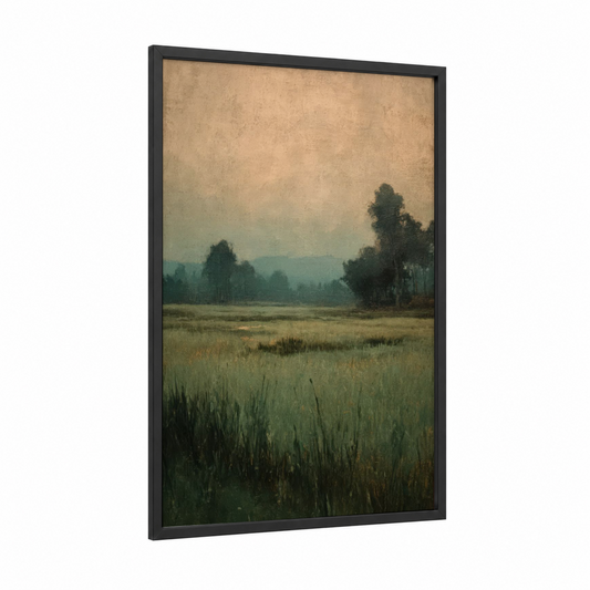 Misty Grain Field framed art print — black wood frame — beige and sage green palette