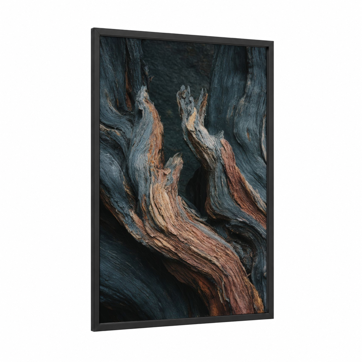 Weathered Juniper framed juniper tree print — black wood frame — gray and russet palette