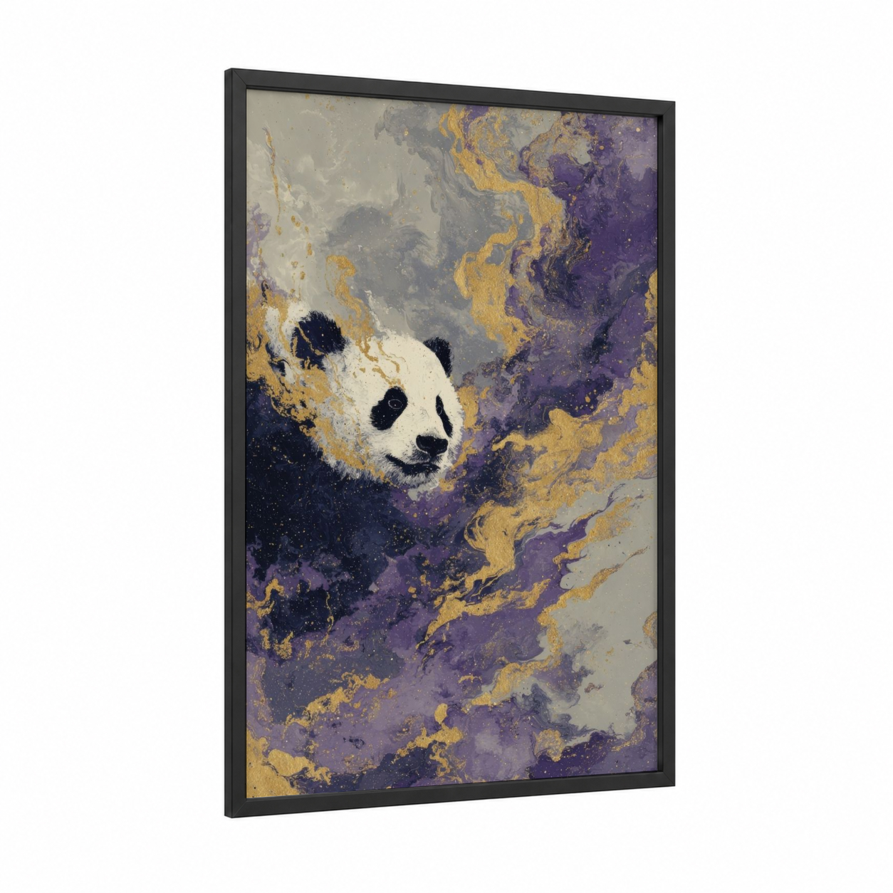 Golden Panda framed art print — black wood frame — gold and purple palette