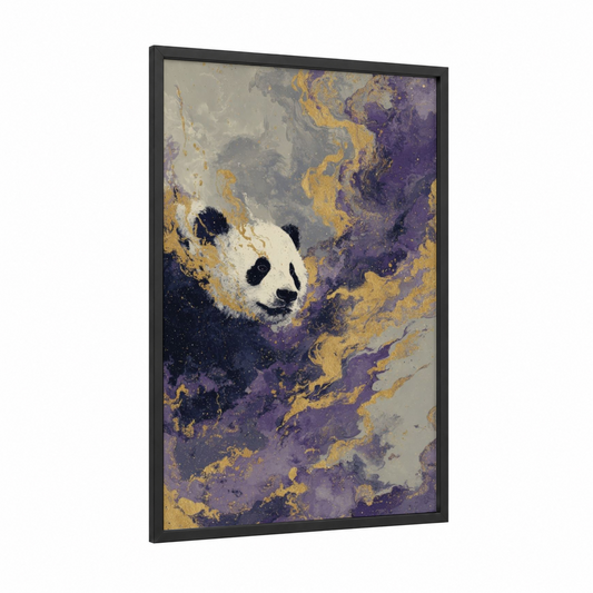 Golden Panda framed art print — black wood frame — gold and purple palette