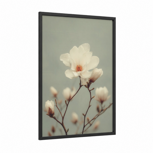 Cream Magnolia Bloom framed art print — black wood frame — cream and sage green palette