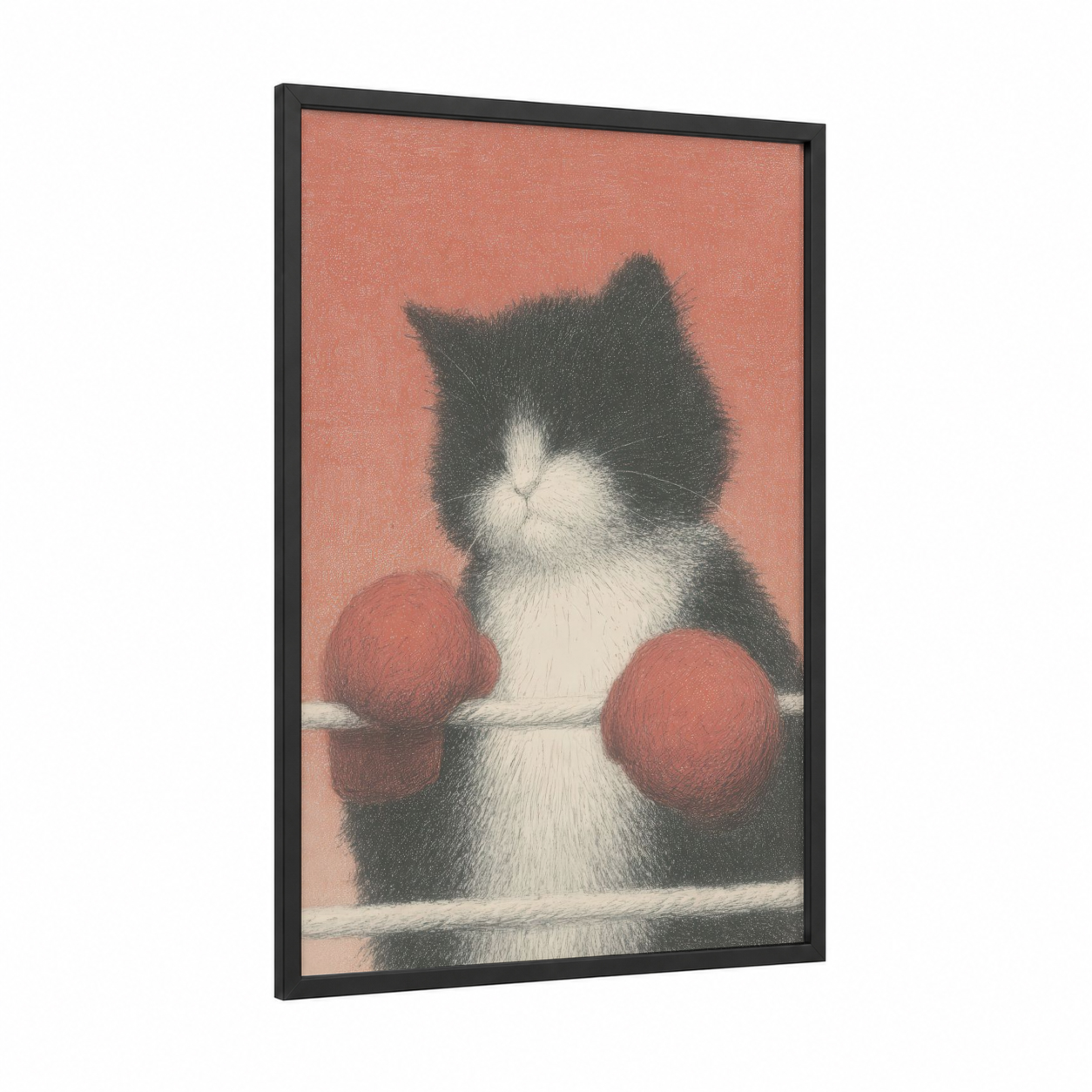 Boxing Kitten framed art print — black wood frame — salmon pink and black and white palette