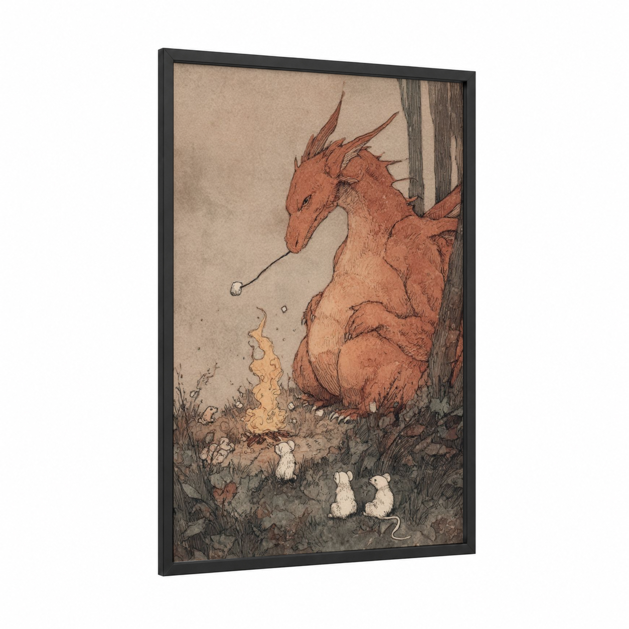 Crimson Dragon Storyteller framed art print — black wood frame — russet and beige palette