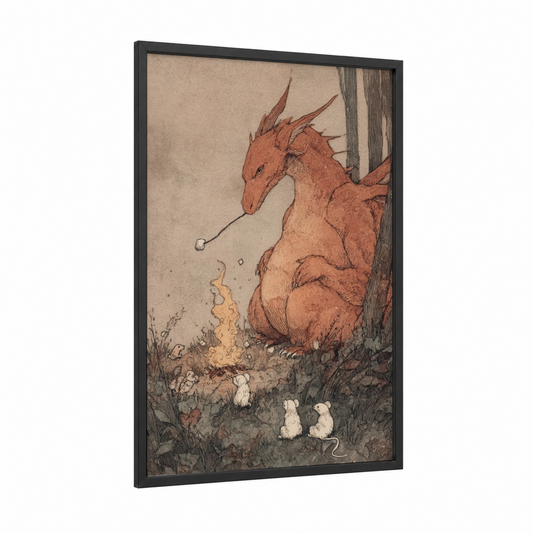 Crimson Dragon Storyteller framed art print — black wood frame — russet and beige palette