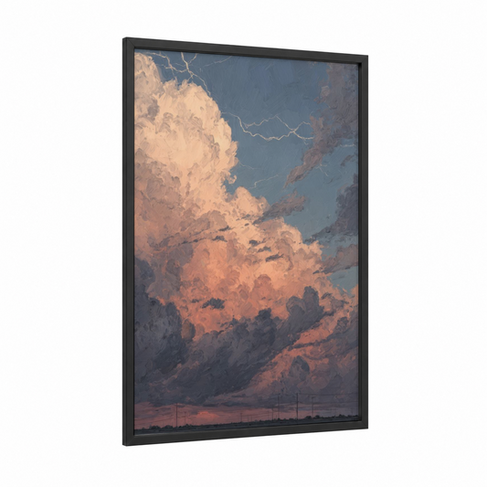 Towering Storm Clouds framed art print — black wood frame — peach and blue palette