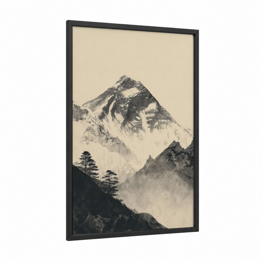 Snowy Everest Peak framed mount everest print — black wood frame — black and white and gray palette