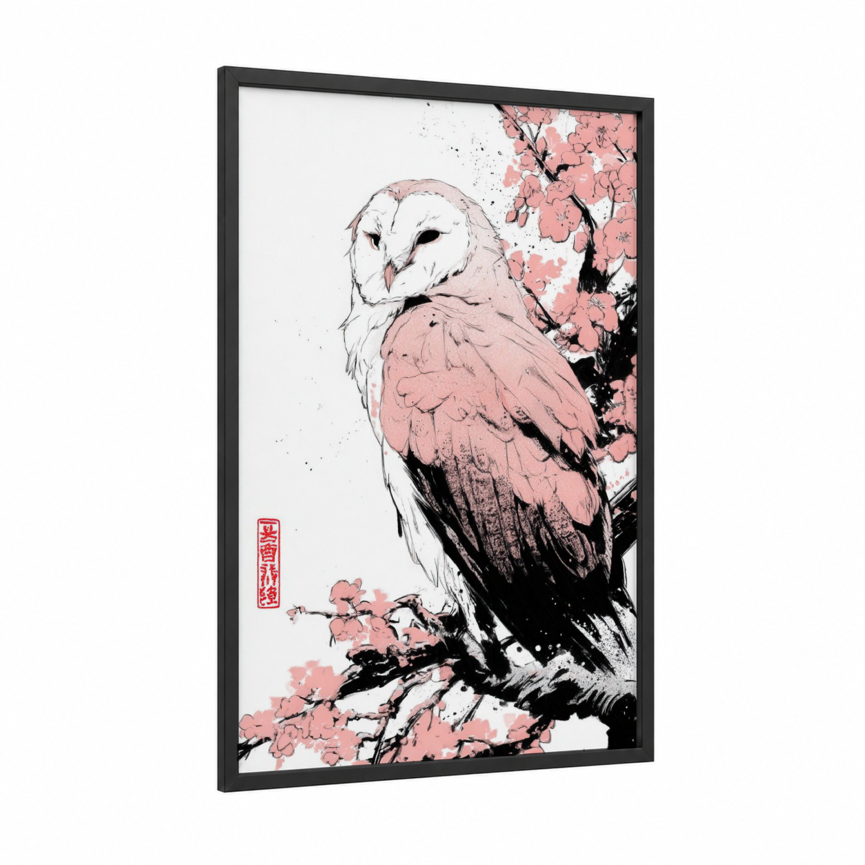 Cherry Blossom Owl framed art print — black wood frame — peach and black and white palette