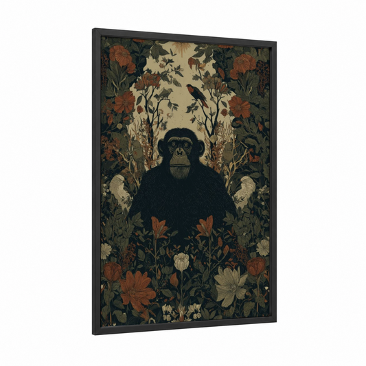 Garden Chimpanzee framed art print — black wood frame — russet and cream palette