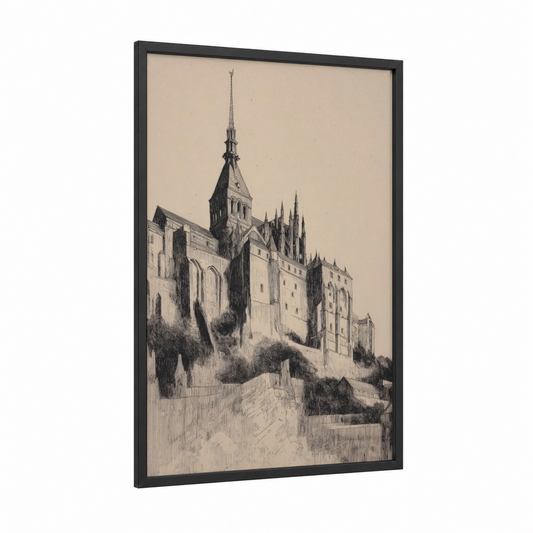 Mont Saint-Michel Fortress framed art print — black wood frame — black and white palette