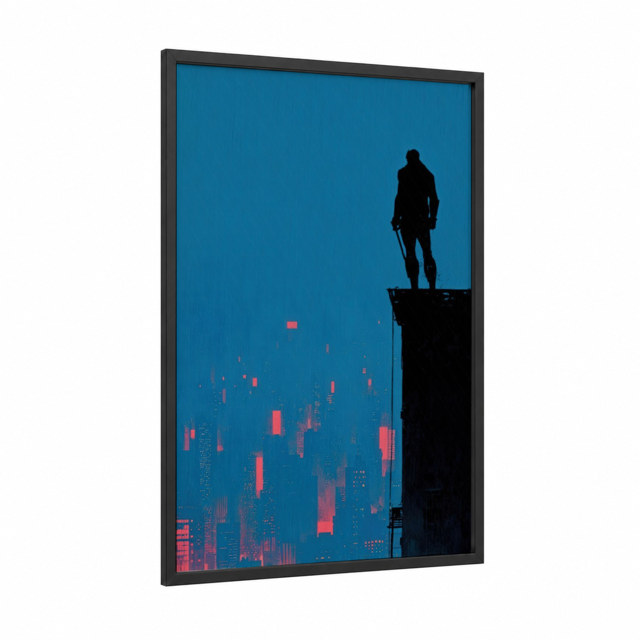 Urban Silhouette framed art for boy print — black wood frame — blue and magenta palette