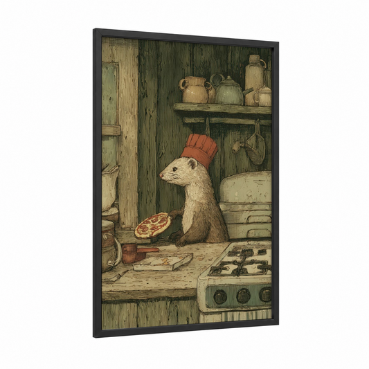 Chef Weasel framed art print — black wood frame — olive palette