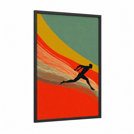 Dynamic Runner framed track and field print — black wood frame — red and gold palette