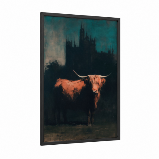 Crimson Highland Cow framed art print — black wood frame — teal and russet palette