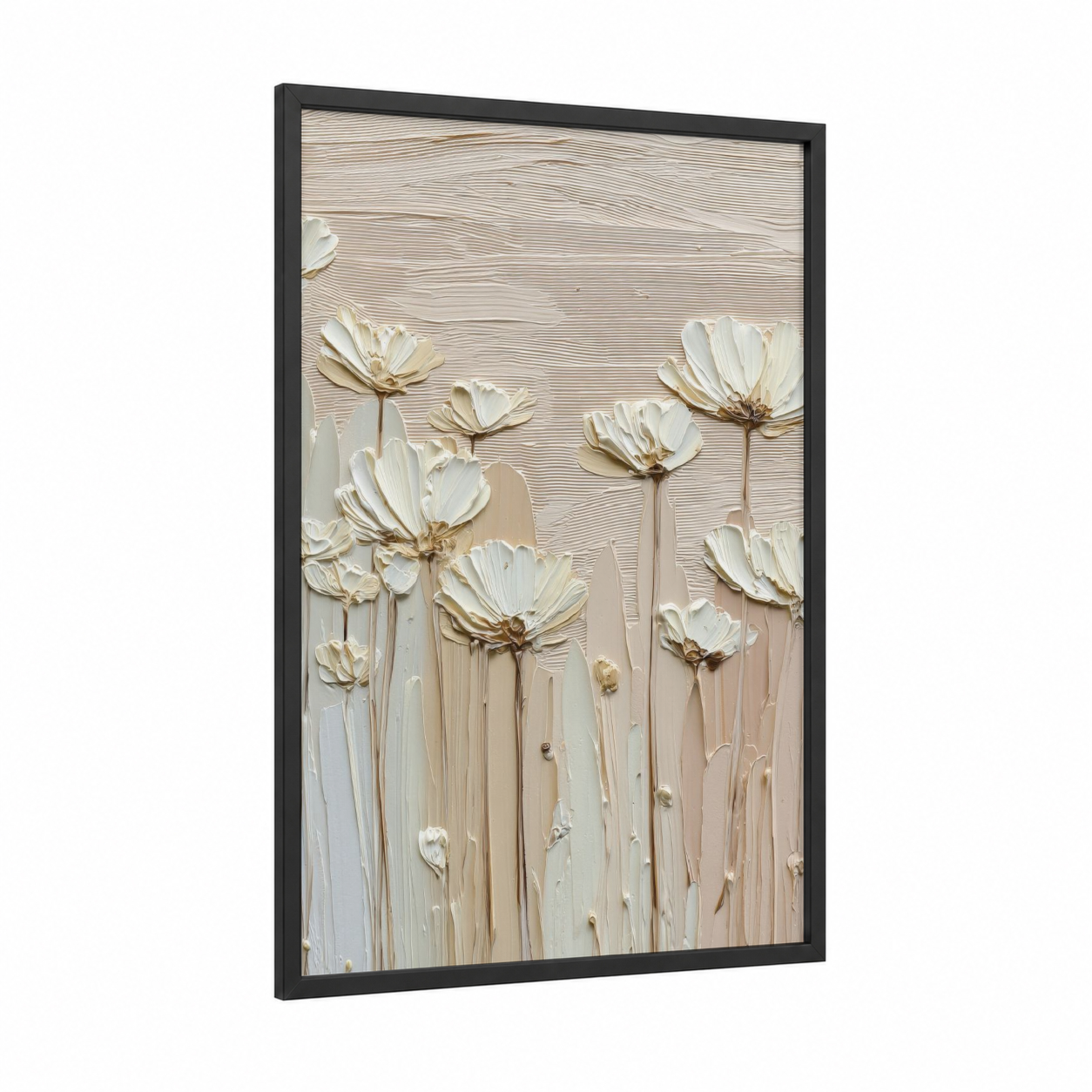 Textured Cosmos framed abstract flower print — black wood frame — cream and beige palette