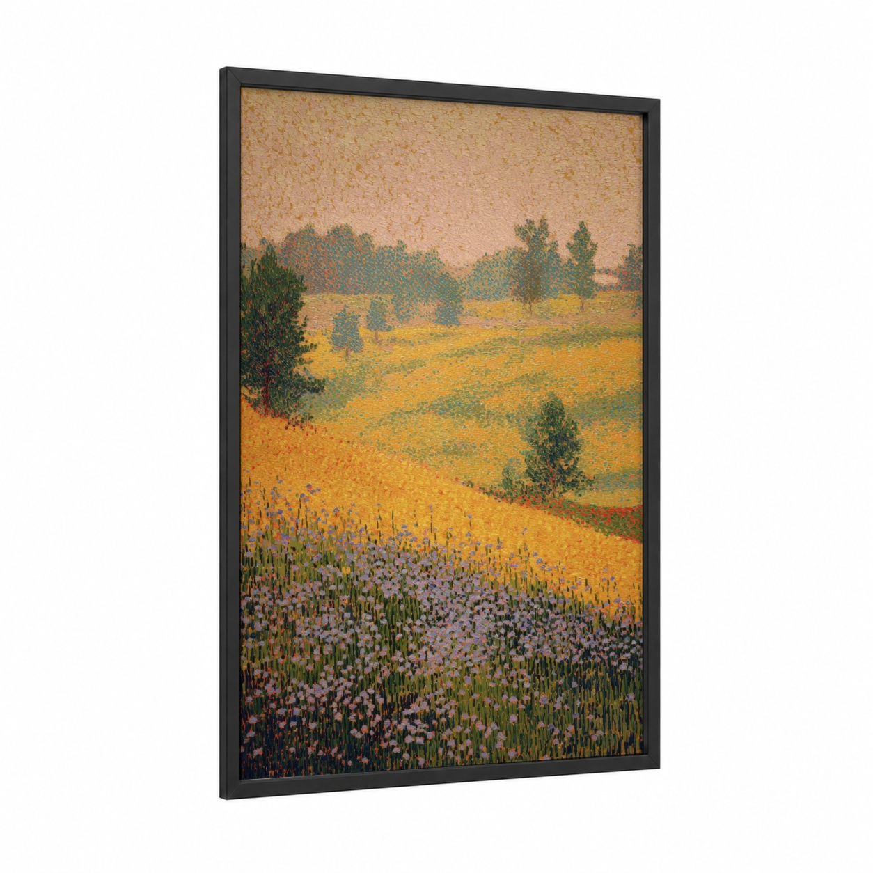 Lavender Field Landscape framed violets print — black wood frame — gold and lavender palette