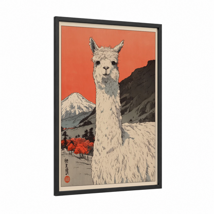 Alpine Alpaca framed art print — black wood frame — pumpkin and cream palette