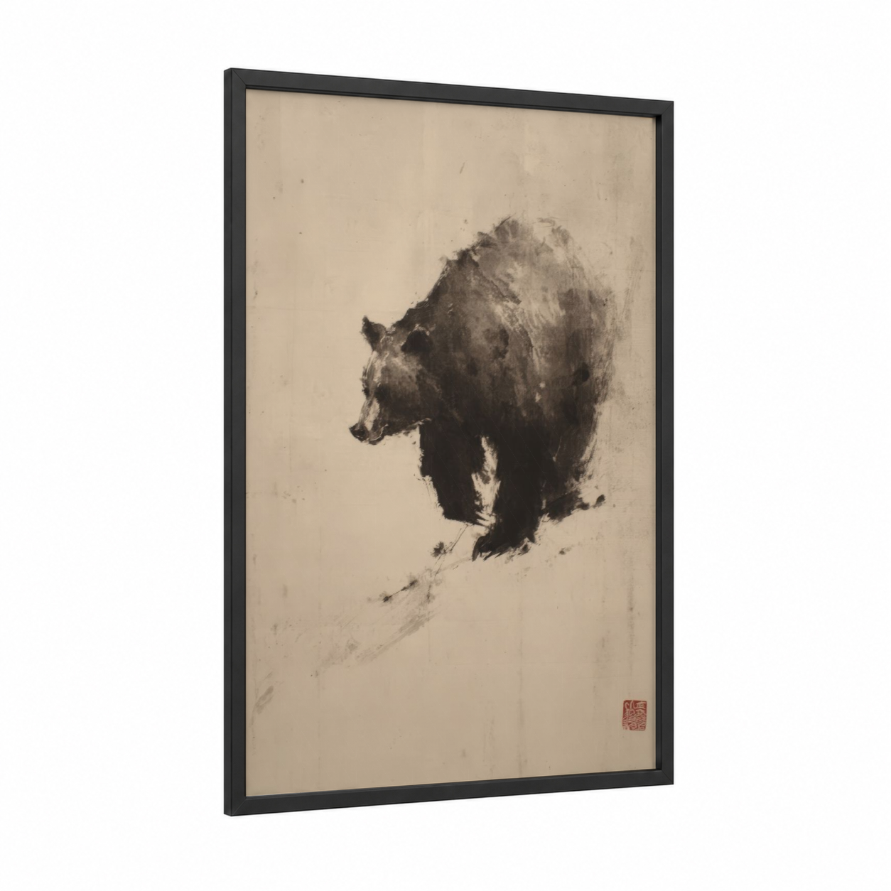 Snowy Grizzly framed grizzly bear print — black wood frame — black and white and gray palette