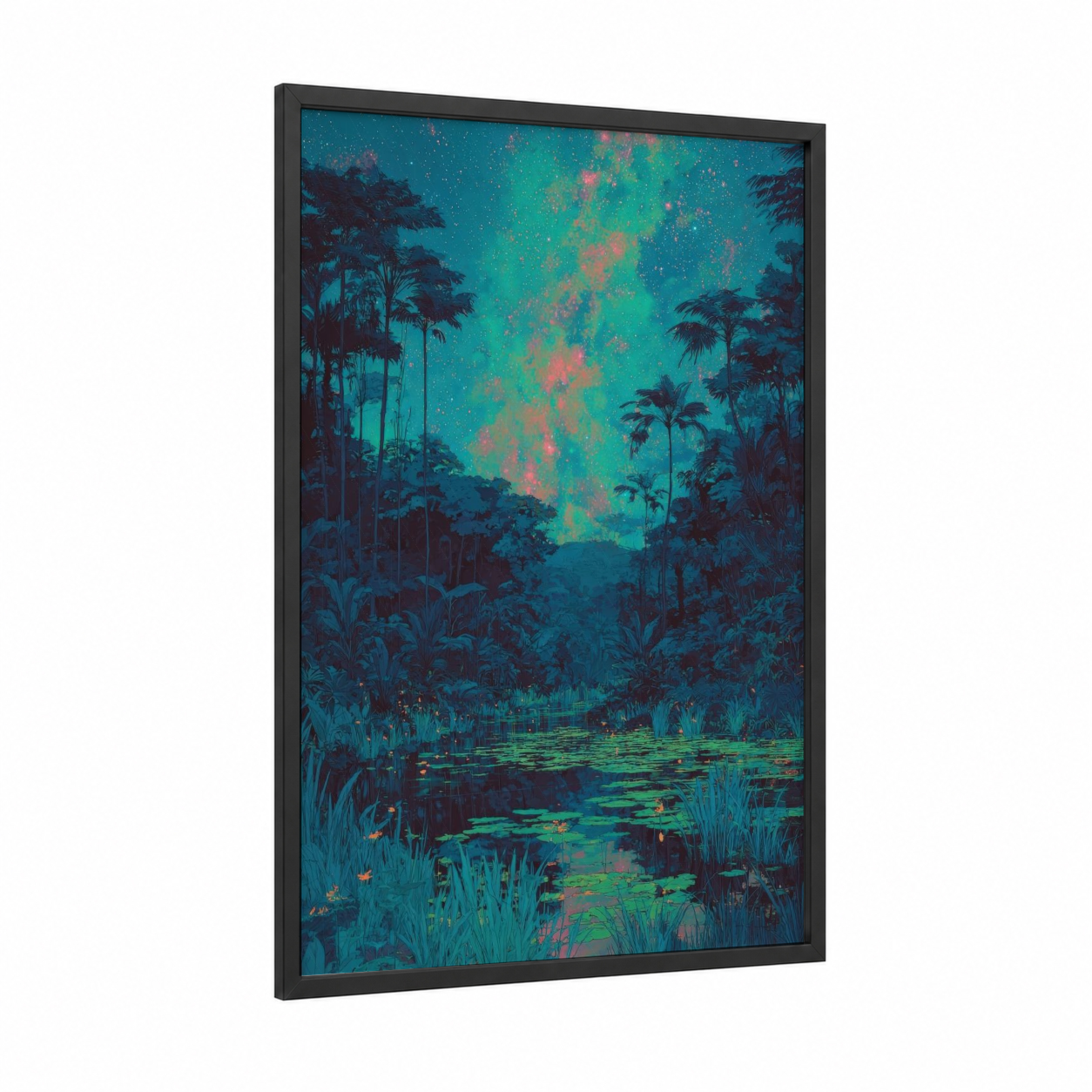 Tropical Milky Way framed art print — black wood frame — teal and turquoise palette
