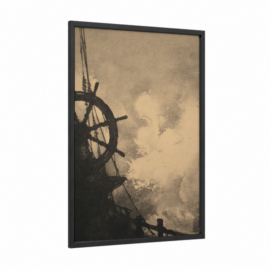 Stormy Shipwheel framed art print — black wood frame — cream and black palette