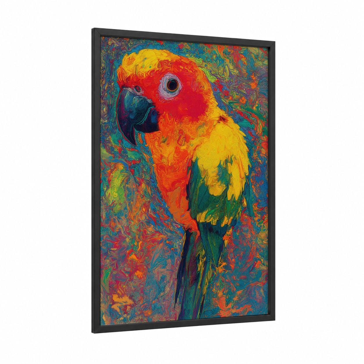 Crimson Parrot framed safari parrots print — black wood frame — red and gold palette