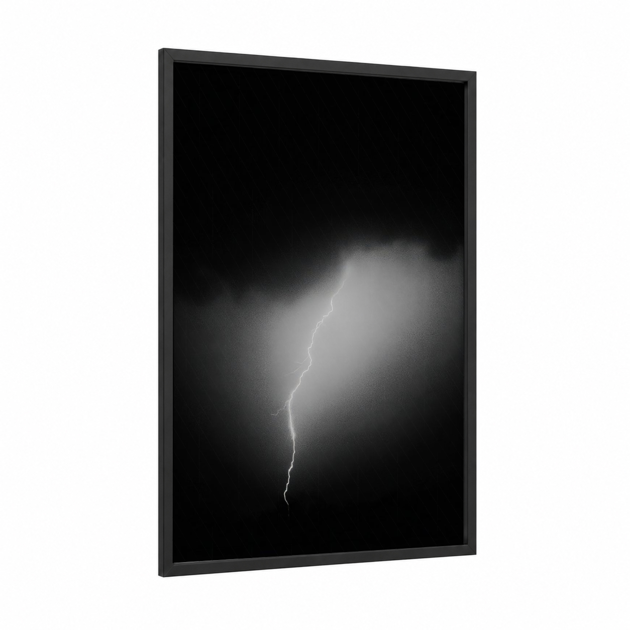 Midnight Storm framed lightning print — black wood frame — black and white and gray palette