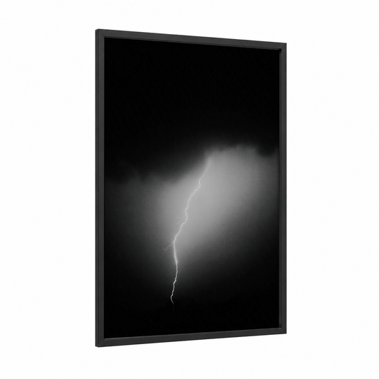 Midnight Storm framed lightning print — black wood frame — black and white and gray palette