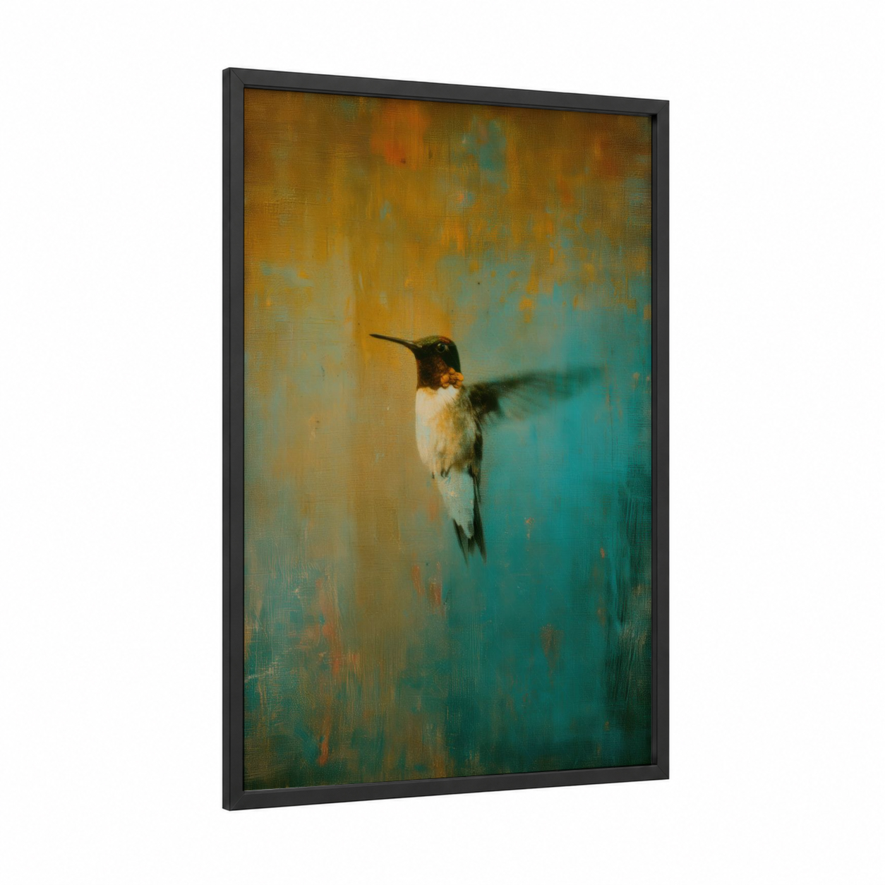 Golden Hummingbird framed art print — black wood frame — gold and teal palette