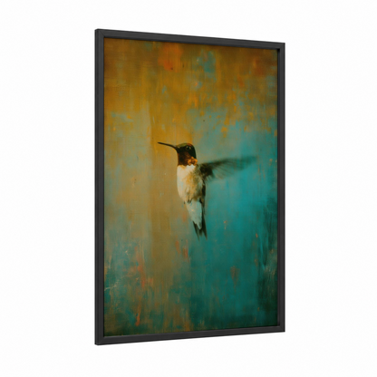Golden Hummingbird framed art print — black wood frame — gold and teal palette