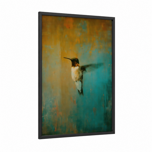 Golden Hummingbird framed art print — black wood frame — gold and teal palette
