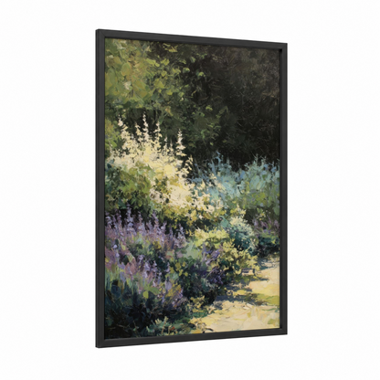 Lavender Garden Path framed herbs print — black wood frame — light green and lavender palette