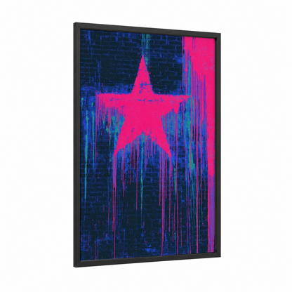 Neon Star Digital framed art print — black wood frame — magenta and blue palette