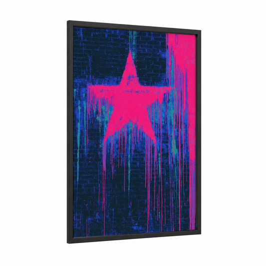 Neon Star Digital framed art print — black wood frame — magenta and blue palette