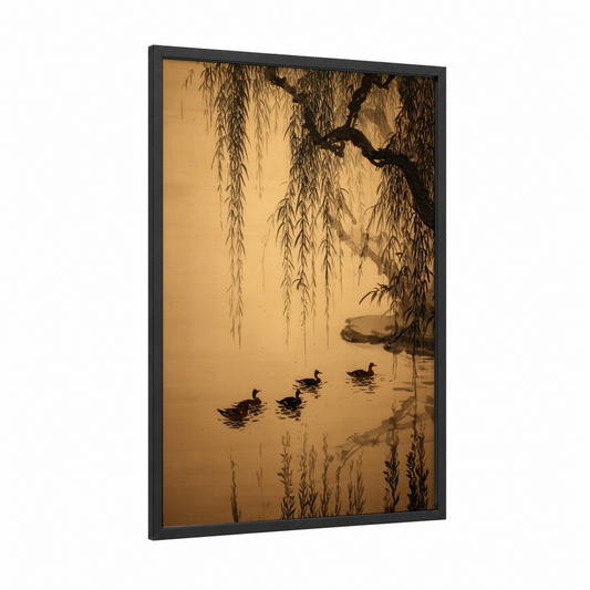Willow Ducks framed art print — black wood frame — gold and black and white palette