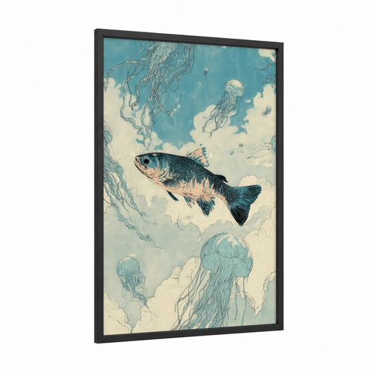 Dreaming Zebrafish framed art print — black wood frame — blue and cream palette