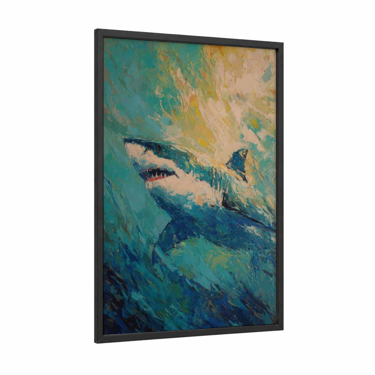 Teal Shark Surge framed blue shark print — black wood frame — teal and cream palette