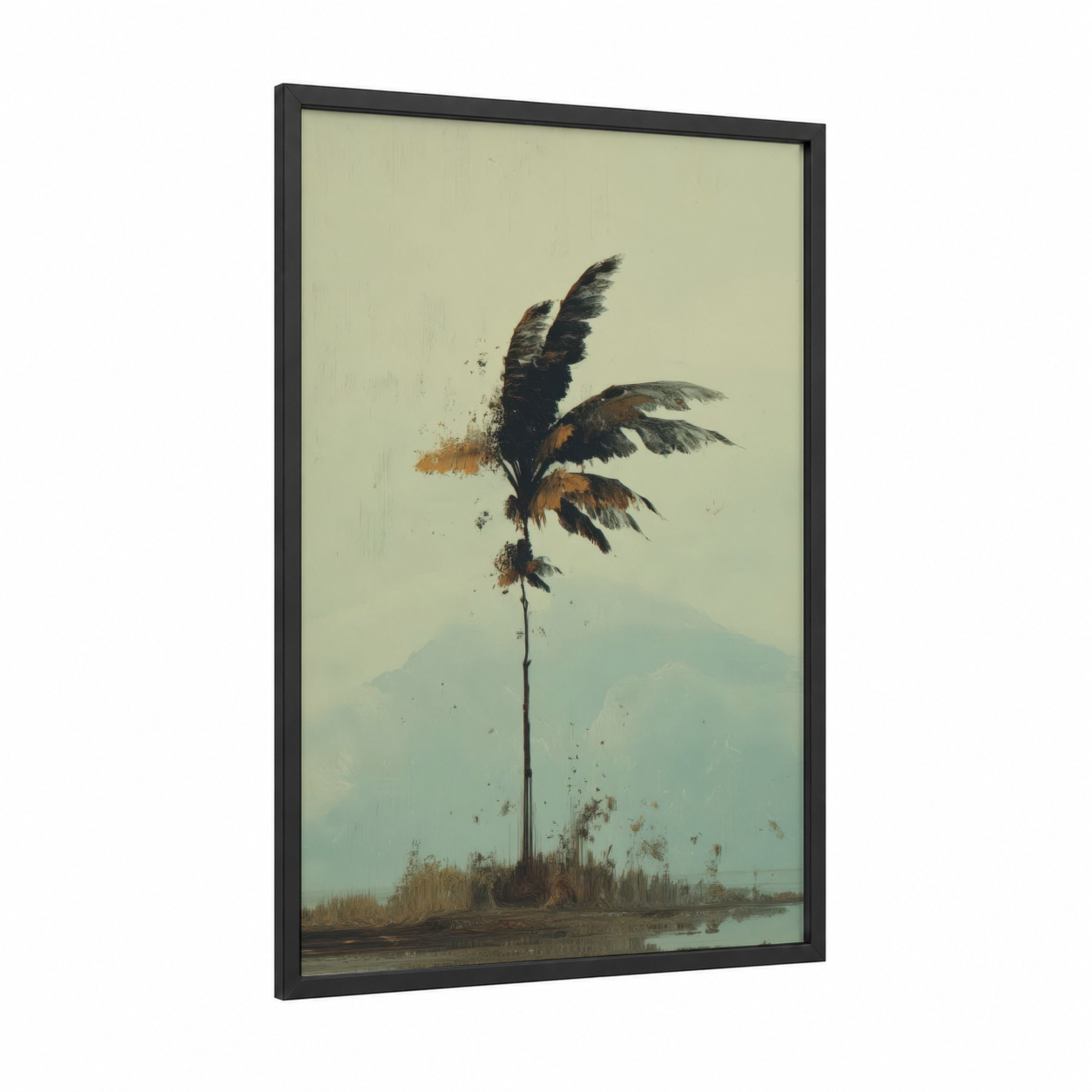 Misty Palm Solitude framed palm tree print — black wood frame — beige and light green palette