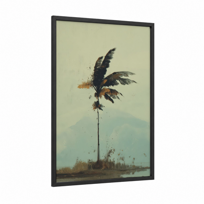 Misty Palm Solitude framed palm tree print — black wood frame — beige and light green palette